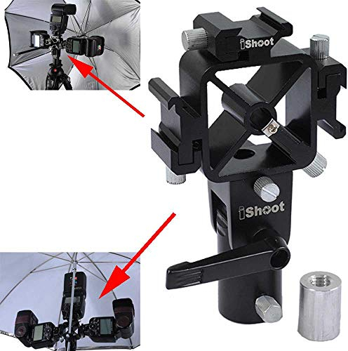 Universal 3-in-1 Tri-Hot Shoe Mount Flash Bracket Holder with 2 Umbrella Hole for Light Stand Camera Tripod Reflective Umbrella Studio Flash Soft Box Speedlite Diffuser