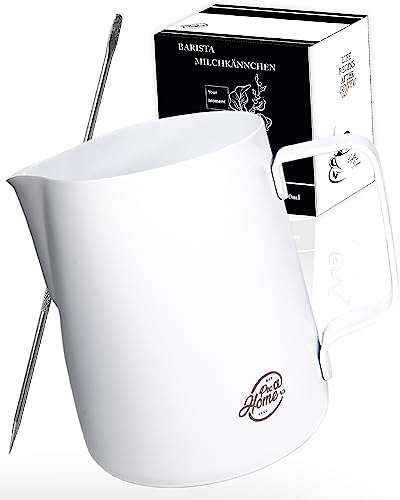 Pro@Home43 - Barista Milchkännchen Edelstahl weiß 600ml (auch 350ml) inkl. Latte Art Stift/Milchschaumkännchen in Geschenkbox