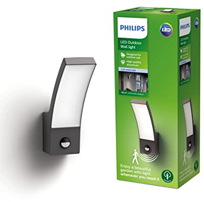 Philips Outdoor Splay LED Wandleuchte inkl. Sensor, 12W, Anthrazit, kaltweißes Licht 4.000K, IP44 Schutzklasse, integriertes Leuchtmittel