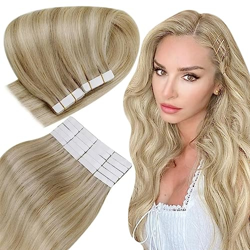 Easyouth Balayage Haar Extensions Tape Echthaar Tape Extension Echthaar Balayage Farbe Honigblond Mix Gelbblond 50 cm 50g Extensions Tape in Echthaar #27P613