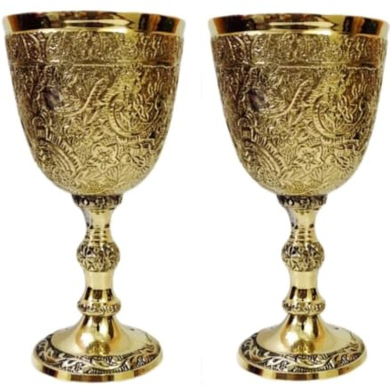Bona Fide 2 Stück Messingkelch geprägtes Design, Premium-Kelchkelch, Coupes, Weintrinkglas, Becher für Wasser, Saft, Milch, Bier, Eistee, Set mit 2 Messing-Kelchbecher, je 200 ml