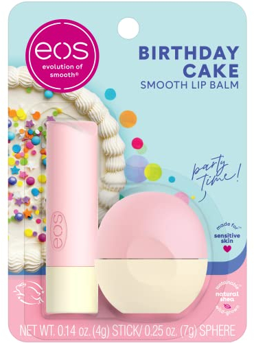 eos Natural Shea Lip Balm- Birthday Cake, All-Day Moisture Lip Care Products, 0.39 oz, 2-Pack