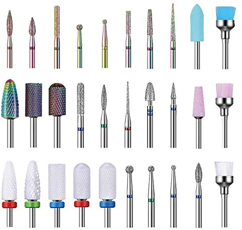 Juego de brocas para uñas, 332 pulgadas, kit de brocas de diamante de carburo de tungsteno de cerámica, 30 piezas de brocas rotativas profesionales de seguridad, para lima de uñas de acrílico,