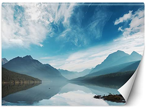 Feeby Fototapete Landschaft Berg See 100x70 cm Blau XXL Vlies Wandtapete Tapeten Wohnzimmer Schlafzimmer Jugendzimmer Moderne Design Wandbild Wand Dekoration Wald Himmel Wolken