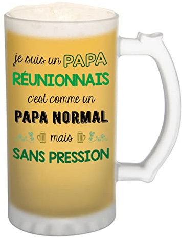 Planetee Chope de bière Papa Réunionnais Chauvin et Sans Pression - cadeau idée anniversaire Fête des Pères Humour - Verre givré 470 ml avec poignée Alcool Pinte