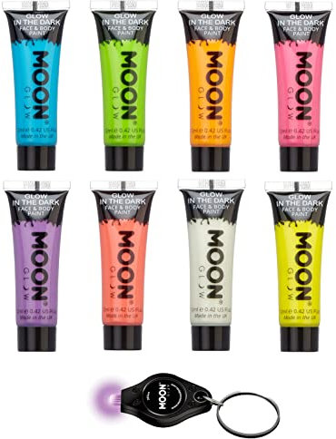 Moon Glow Brillent dans le noir Peinture pour le visage et le corps – Brille dans le noir – Charge to Glow – Porte-clés UV inclus, lot de 8, 12 ml (lot de 8)
