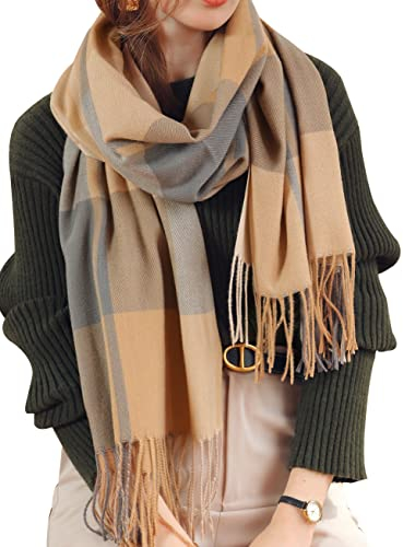 Baynetin Damen Winter Senior Plaid Kaschmir Schal,Kariert Pashmina Übergroßer Herbstschal Stolen,Tartan Schultertuch Mit Quasten,Karomuster Warmer Oversized Fransen Poncho (Grau Gelb)