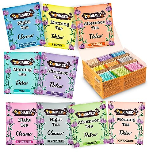Dorimed Surtido de Té - Caja Regalo - Té Bienestar (100% Natural, Sin Azúcar, Sin Gluten y Sin OGM) - 100 Bolsitas, 9 Sabores - 3 Purificantes, 3 Detox, 3 Relajantes - Adelgazante