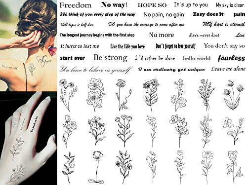 SUGERU® 54 Blatt Realistische Temporäre Tattoos, Löschbar Dauerhaft Wasserfest Fake Tattoos, 24 stk Inspirierende Zitate Worte + 30 stk Blumen Ink Line,Tattoos zum aufkleben erwachsene Damen Kinder