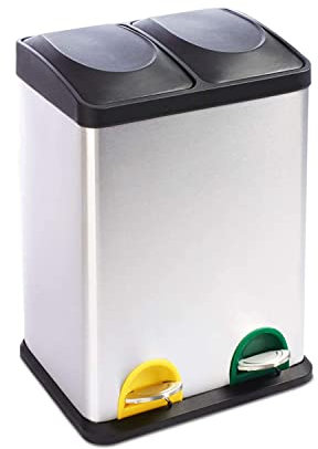 KARAT Poubelle en acier inoxydable - Système de tri des déchets pour Cuisine Bureau - Bac intérieur amovible avec poignée, Ouverture mains-libres (Brandon - Acier inoxydable, 2x18 Liters-36 litres)