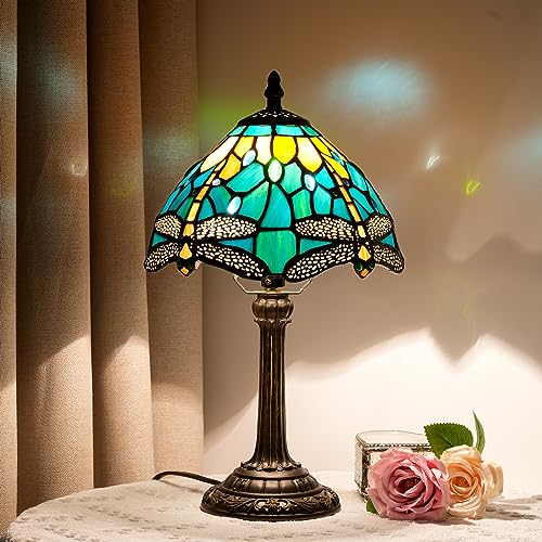 Tiffany Stil Bunte Glas Tischlampe Dragonfly Grün Gelb Schlafzimmer Nachttisch Lesepult Licht für Büro Schlafsaal Bar Restaurant Dekorieren Retro einzigartige nette kleine Nachtlicht Geschenk 8 Zoll