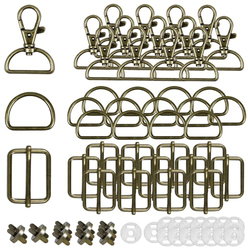 Drehbare Karabinerhaken Mit Drehgelenk Schlüsselanhänger D-Ringe Triglide-Schiebeschnalle Gurtversteller Metall Magnetknöpf Schnallen und Verschlüsse für DIY Nähen Zubehör (25mm,Bronze,50)