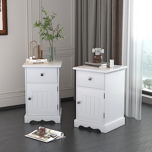 FUSIDE Bedside Table Set,One Door One Drawer Nightstand,White Painted,Assembly Needed,35x30x59cm(LxWxH)