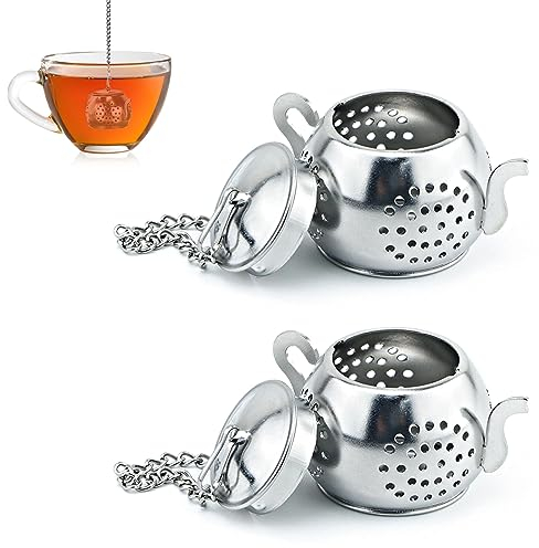 Geoyien Teesieb Edelstahl, tee sieb, teefilter edelstahl, Metall Teefilter mit Ketten und Teeauflage, Teebrüher Tee-Ei Gewürzsieb Teekanne Form für Tee Tassen Trinkflaschen (2Pcs, Silber)