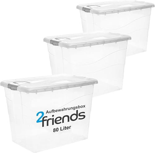 2friends 3er Set Aufbewahrungsbox mit Deckel Groß XXL 80 Liter Kisten Boxen aufbewahrung, Plastikbox mit Deckel, Rollen und Clip-Griffen - Ideal für Ordnung, Lagerung & Mobilität, Made in EU