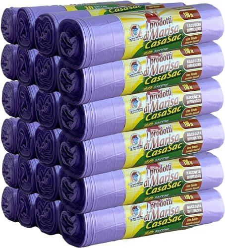 CSC - Sac Poubelle 110L avec Lacets, 240 Pièces, Sac Tri Sélectif Intérieur et Extérieur 70x110cm, Anti-Goutte et Anti-Perforation - Sacs à Déchets Grands et Résistants, 24 Rouleaux, Violet
