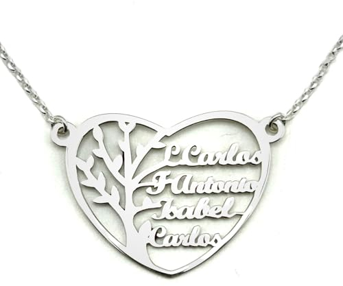 Collar Personalizable Árbol de la Vida en Plata de Ley 925 con nombres, con cadena Rolo de 45cm + Alargador. Gargantilla ideal para regalar a madres o abuelas con nombres de la familia. (Corazón)