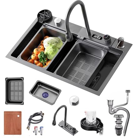 Fregadero de cocina Negro Acero Inoxidable Pila de Lavar de un solo tazón con grifo extraíble combinado, pantalla digital, botón de piano, lavadora de tazas, fregadero de cocina empotrable para bar (