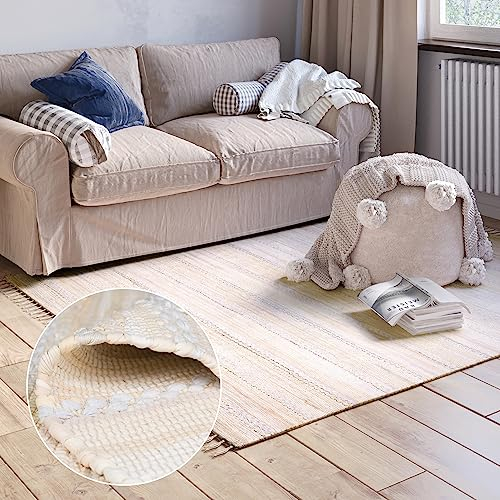 MY-RUG Flickenteppich 60 x 110cm, Schlafzimmerteppich, Creme, Fleckerlteppich handgewebt, recyceltes Material - Bettvorleger aus Baumwolle, Kelim Chindi Teppich Nandini