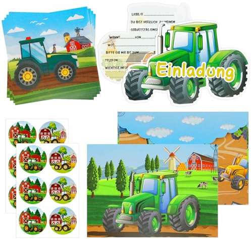 SHOWHEEL 12×Traktor Einladungskarten Kindergeburtstag, Einladungskarten Kindergeburtstag Junge mit Servietten und Umschläge, Einladungskarten Geburtstag Traktor, Einladung Kindergeburtstag