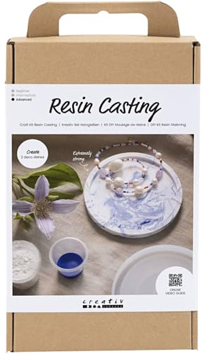 Bastelset Resin Casting, blau, weiß, rundes Tablett mit Marmorierung, 1 Packung