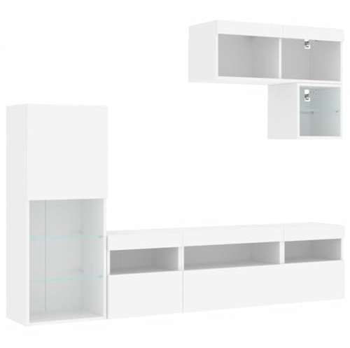vidaXL Wohnwand 6-TLG., Schrankwand mit viel Stauraum, Anbauwand mit LED-Beleuchtung, Wandmontage Fernsehschrank Wohnzimmer Set Schrank, Weiß Holzwerkstoff