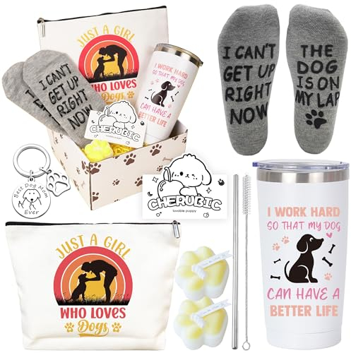 Dog Lovers Gifts for Women - Dog Mum Birthday Gifts with Travel Tumbler Mug Makeup Bag Keychain Paw Candle Pet Lovers Relaxing Gift Basket for Best Friend Sister Mum