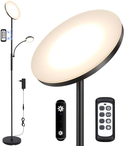 Deckenfluter LED Dimmbar mit Leselampe, Stehlampe Wohnzimmer Stehleuchte mit Fernbedienung &Touch Steuerung 4 Farbtemperaturen 3000K-6000K Stufenloses Dimmen Standlampe Schwarz für Schlafzimmer Büro