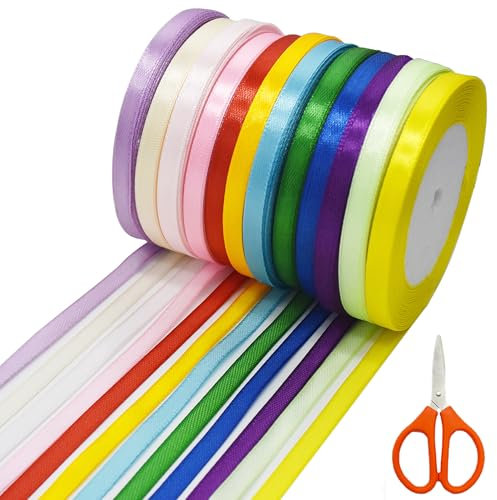 SHENSAIGO 12 Roll Bunt Satinband, Polyester Geschenkband 12 Farben 6 mm x 20m, Schleifenband Hochzeit mit Schere, Dekoration Seidenbänder Bunt für Geschenk Verpackung Party Deko DIY Handwerk