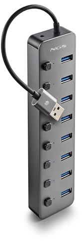 NGS IHUB 8 - Hub USB 3.0 à 8 Ports avec Interrupteurs Indépendants, Vitesse de Transfert 5 Gbps, Adaptateur Secteur 5V/3A, Compatible avec PC/Mac, Design Compact, Plug and Play