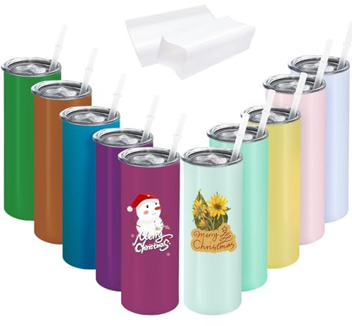 YOUKE OLA 10 Pack Sublimation Tumblers Blanks Skinny Bulk Straight Stainless Steel Tumbler with Straw and Lid for Sublimation Oven Printing, Mixed Colors