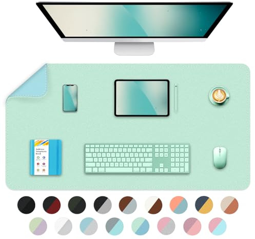 BLESWIN Doppelseitige Schreibtischmatte Groß, Wasserdichte leicht zu reinigende Schreibtischmatte, Multifunktionale Verwendung für Büro/Haus/Deko-Seegrün+Blau, 90cmx 43cm