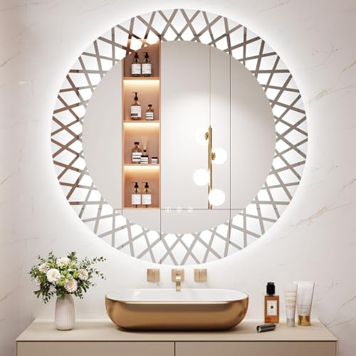 Badezimmer Spiegel mit Beleuchtung, Rund, LED Badezimmerspiegel Touch-Schalter, Dimmbar, Badspiegel, 3 Lichtfarbe Einstellbare Spiegel, Beschlagfrei 80 x 80 cm DP238