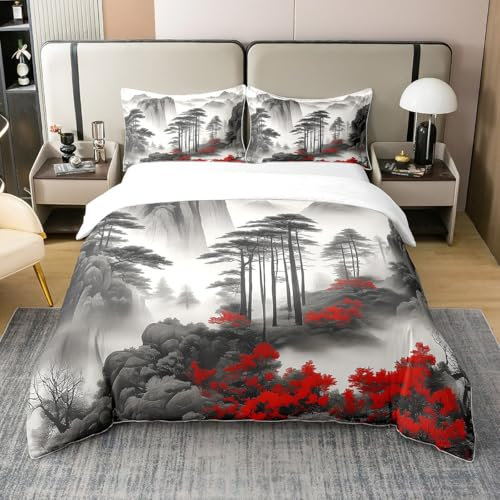 Juego de ropa de cama de estilo chino, acuarela, pintura de tinta gris, montaña, funda de edredón 100 % algodón para niños, adolescentes y adultos, flores rojas salvajes, paisaje natural, funda de