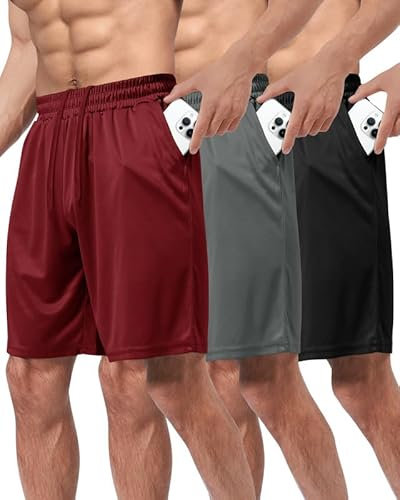 BOOJO 3er Pack Sporthose Herren Kurz Hosen mit Taschen Sport Shorts Schnell Trocknend Trainingshose für Gym Fitness(Schwarz/Dunkelgrau/Weinrot,XXL)