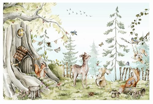 Vlies Fototapete Kinderzimmer, Wald Waldtiere Bäume Tapeten für Kinder Babyzimmer Tapeten wandtapete Tapete nach Maß 1m2