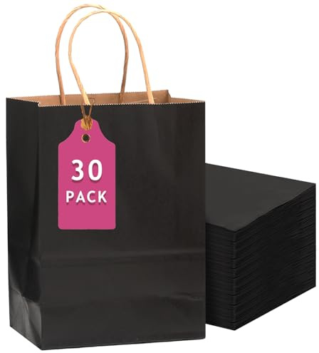 Gcardist 30-Packs schwarzes Geschenk Taschen mit Griffen Bulk 13x10.3x4.6 große Größe Kraftpapier Taschen mehrere Verwendungen (33x26x13cm, große Größe)