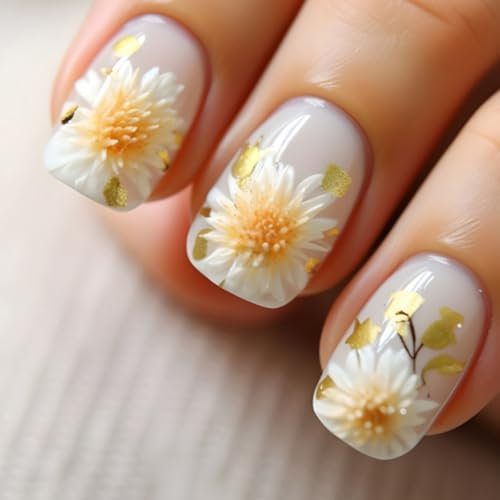 Ceboic 24 Pièces Court Carré Faux Ongles, Naturel Blanc Ongles à Coller, Jaune Fleurs French Press on Nails avec Gel Pad Ongle, Réutilisables Faux Ongles Acryliques pour Femme Fille