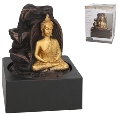Decorative Zen Buddha Fountain with Waterfall, Black, Gold and Brown Base, 18 × 18 × 23 cm