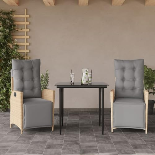 QJBSAVVA 3-TLG. Garten-Essgruppe Beige 80 x 80 cm klappbarer Poly-Rattan-Sessel mit Glas-Tisch und dicken Kissen, platzsparendes Balkonmöbel-Set für kleine Balkone, Terrasse und Garten