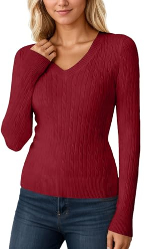 Duohropke Jersey para mujer, cuello de pico, manga larga, jersey de punto, manga larga, cómodo, invierno, cálido, jersey de invierno, elegante, rojo, L