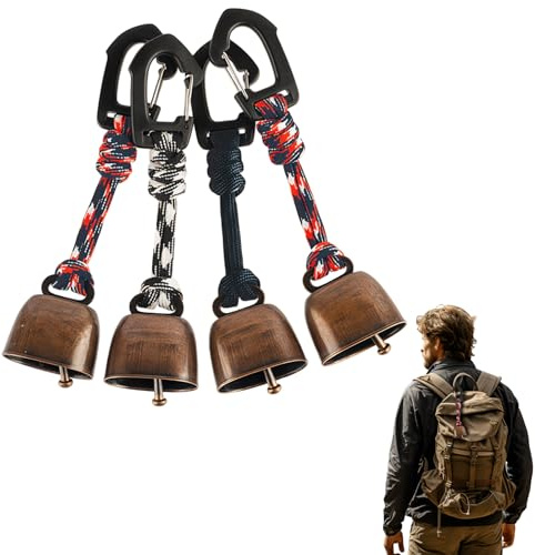 Tarqite 4 Stück Bärenglocke Set, Anti Bär Glocken mit Karabiner, Metall Kuhglocke, Bärenglocke Wandern, Vintage Lautstark Outdoor Glocken für Camping, Wandern, Rucksack, Haustiere(Farbe Zufällig)