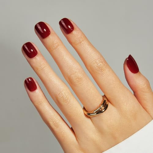 LAMIMOSA 32Pcs Press On Nails Extra Short Round - Burgundy Red False Nails with Glue, Super Short xs Fake Nails in 16 Sizes, Reusable Solid Red Stick on Nails, Petite Glue On Nails, BABY BURGUNDY