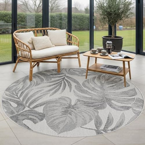 Carpettex Outdoor Teppich Rund 200 cm Grau UV-beständig Palmblätter
