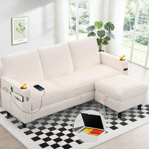 Aotumm Ciort 3-Seater Sofa with Storage Ottoman Footstool, L-shaped Chaise Lounge Sofa with USB Charging Ports, 2 Cup holders, Modern Fabric Small Space Corner Sofa Couch for Living Room (Beige)