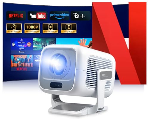 Beamer 4K [Kompatibel mit Netflix | Dolby Audio] 700 ANSI Smart-Projektor für Heimkino, Full HD 1080P, Autofokus, vertikale Trapezkorrektur fürs Auto, Kurzdistanzprojektor (Weiß)
