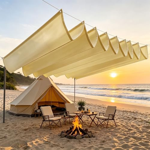 Einziehbares Sonnensegel 4 x 5 m Nach Maß Verstellbar 95% Uv-Schutz Wasserdicht Markisenstoff Inkl. Befestigungsseilen für Balkon Terrasse Garten Pool Camping, Sandgelb