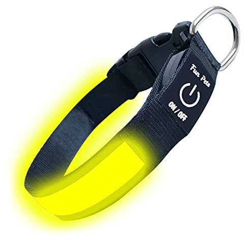 Fun Pets LED Dog Collar in Yellow - USB Rechargeable Pet Safety Collar - Great Visibility & Improved Safety (20cm - 30cm / 7.87 - 11.8)