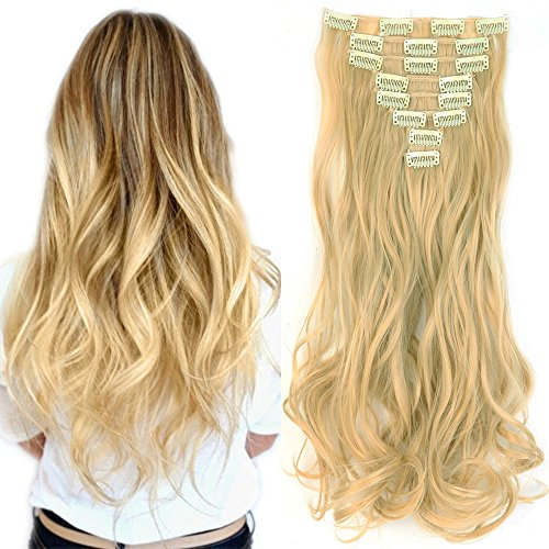 SEGO Clip in Extensions Haarverlängerung Haarteil 8 Tressen wie Echthaar gewellt Golden Mix Bleichblond 24(61cm)
