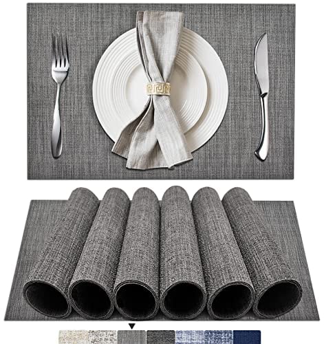BETEAM Platzsets Abwaschbar 6er Set Vinyl Tischsets für Esstisch Waschbar Küchen Platzdecken Langlebige Tischsets für Drinnen Draußen-01 Grau, 6er Set